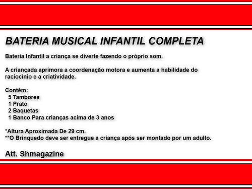 Bateria Musical Infantil Completa C/ Banquinho E Baqueta