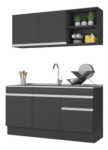 Armário De Cozinha Compacta 150cm Veneza Multimóveis V2114 Cor Preto/Branco