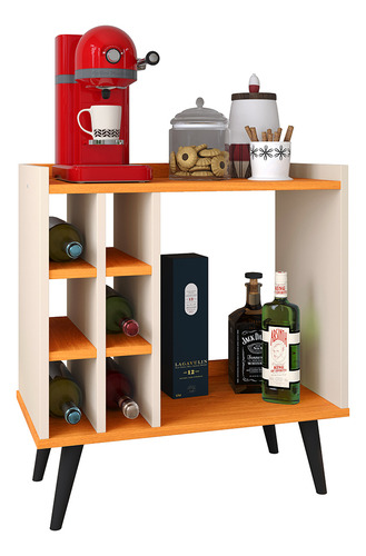 Balcão Cozinha Com Adega Drink Aparador Sala Escritorio Com Pés Retrô - Off White / Cinamomo