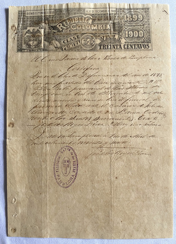 Colombia 30 Centavos Papel Sellado 1899 1900