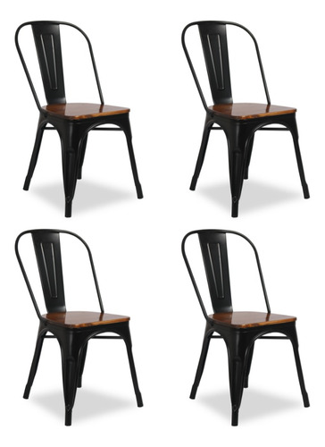 Silla de comedor Garden Life Tolix asiento de madera, estructura color negro mate, 4 unidades