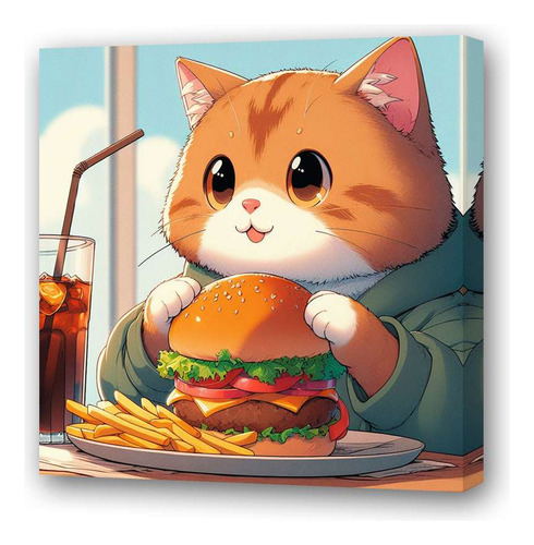 Cuadro 60x60cm Gato Comiendo Hamburguesa Anime Burger