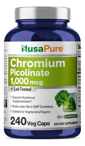 Picolinato De Cromo 1000mcg Con 240 Capsulas Hecho En Usa Sabor S/n