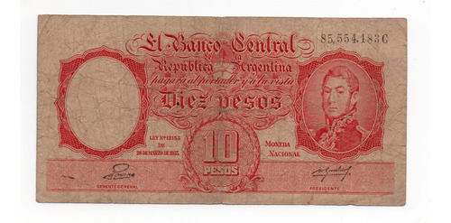 Billete Argentina 10 Pesos Moneda Nacional Bottero 1946