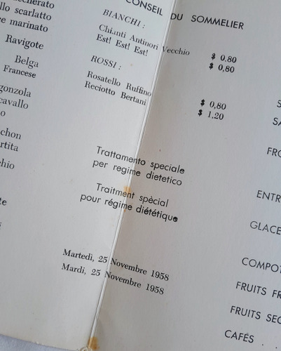 Antiguo Menu Barco Italia Primera Clase M. Vellani Marchi (Usado)