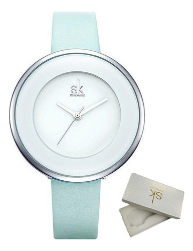 Relógio de quartzo de couro simples Shengke para mulheres - cor de pulseira azul