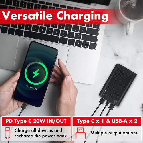 Cargador portátil Travel Depot 6000 mAh, tres puertos, carga rápida, linterna incorporada, USB-C, compatible con iPhone y Android.