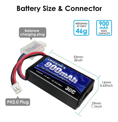  Rc Batería Lipo De 7.4v 2s 30c 900mah