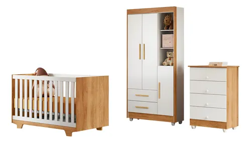 Quarto De Bebê Completo 100% Mdf Com Cômoda Berço e Guarda Roupas
