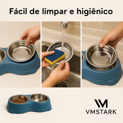 Comedouro Para Cães De Inox Duplo Pote Ração Elevado Azul