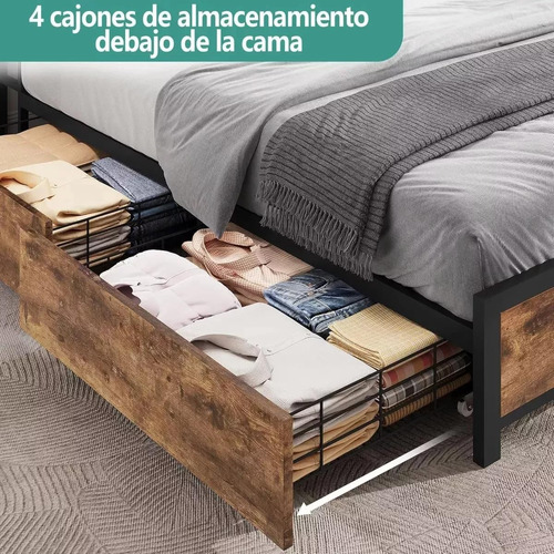 Base Cama Matrimonial Con Cabecero Y Luz Led Y 4 Cajones