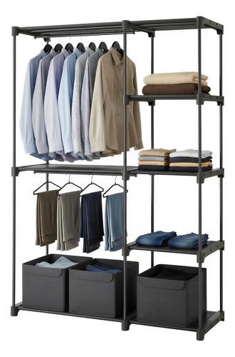 Guarda-roupa Portátil Com Prateleiras, Cabideiro De Roupas Preto