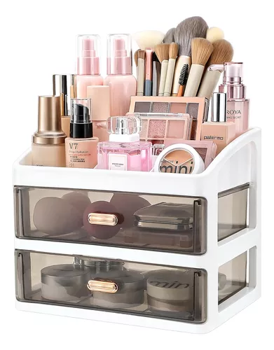  Organizador de maquillaje con cajones, organizador de encimera  para tocador, escritorio de baño y dormitorio, vitrina de cosméticos para  cepillos, lociones, perfumes, sombra de ojos, lápiz labial y esmalte de  uñas