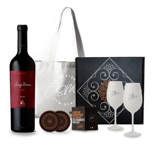 Box Set Vino Luigi Bosca Malbec 2 Copas Blancas Grabadas