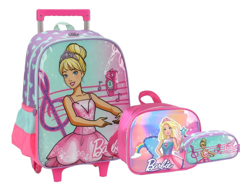 Kit Mochila Escolar Infantil Barbie Bailarina Rodinhas Tam G