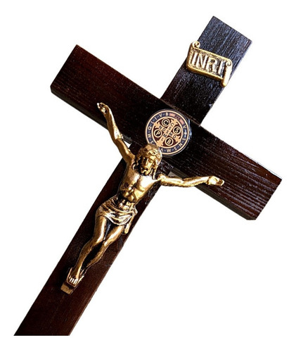 Cruz Grande De Madeira Crucifixo São Bento Para Mesa 29,5cm Cor Marrom e Dourado