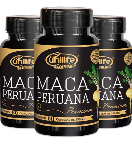 Kit 3 Maca Peruana Premium 550mg Unilife 60 Capsulas Sabor Sem Sabor