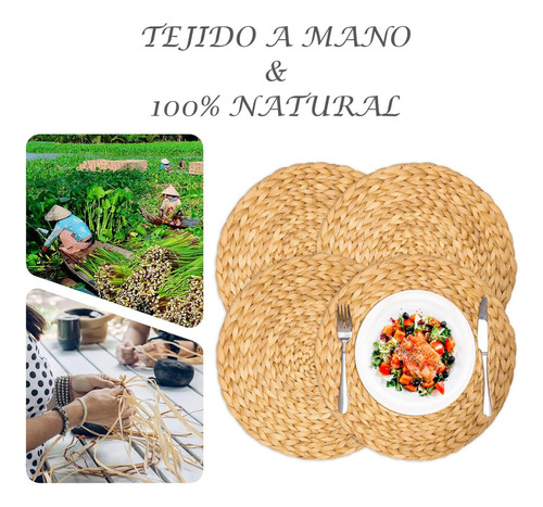 Individuales Redondos Mantel Natural De Fibra De Cañamo De 38cm 4 Piezas Wakeshome