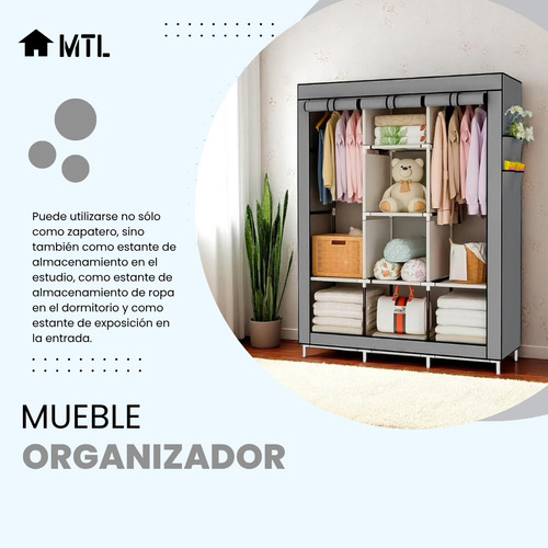 ARMARIO PORTATIL ORGANIZADOR De ROPA PLEGABLE MTL Color Gris Con ESTANTES POLIESTER ANTIHUMEDAD FACIL ARMADO RESISTENTE GUARDARROPA CLOSET PERCHERO HOGAR