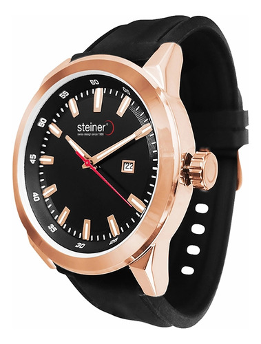 Reloj Para Hombre Análogo Steiner 44mm Luminiscente Fechador Correa Negro Bisel Bronce Fondo Negro