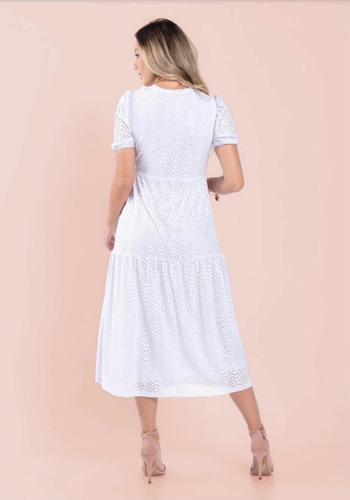 Imagem 3 de 5 de Vestido Mídi Malha Lese Branco Casamento Civil Ensaio