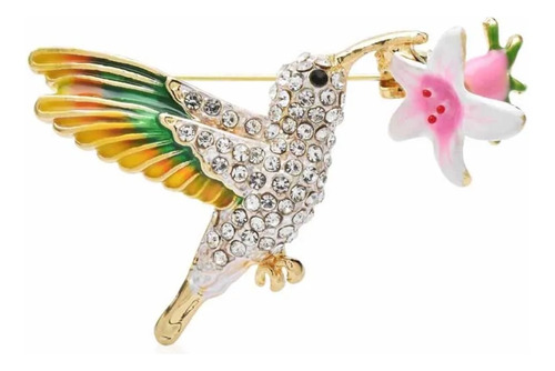 Prendedor  Broche Colibrí Colores Strass Brillantes Con Flor