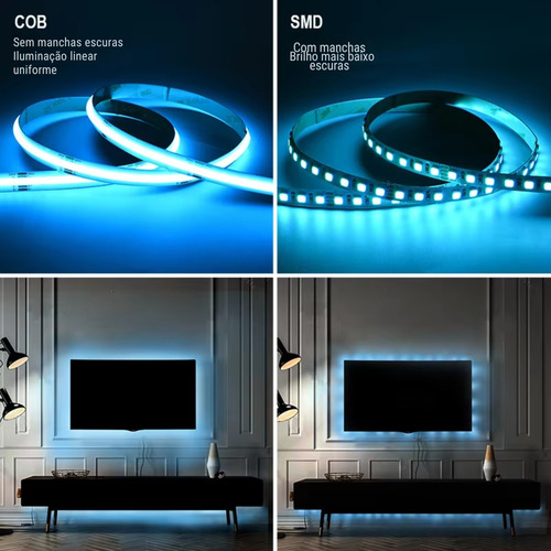 Fita Led Cob Colorida 12v Ip20 5m 360leds/m Brilho Perfil