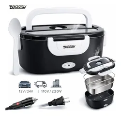 Marmita elétrica Woosh preta com recipiente de inox e cabos