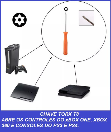 Chave Torx T8 C/ Furo Para Consoles Xbox One X360, Ps3 E Ps4