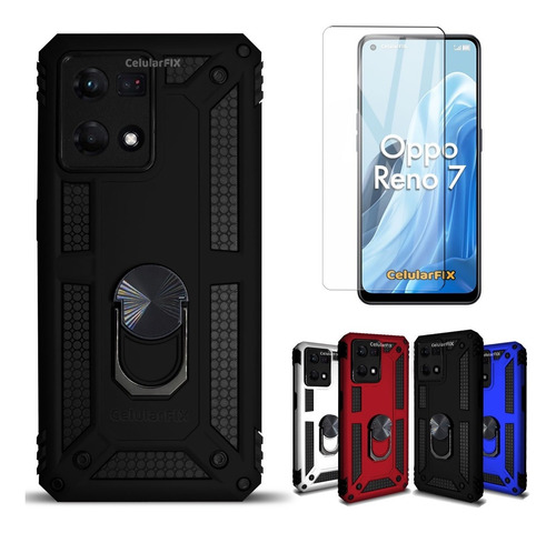 Funda P/ Oppo Reno 7, Uso Rudo C/ Anillo Sujetador + Cristal