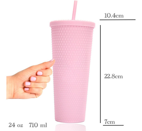 Vaso Texturizado Con Tapa Y Popote Vaso Doble Pared De 700ml Fucsia Diamante
