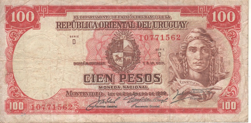 Uruguay Billete De 100 Pesos Año 1939(67) - Pick 43a - Vf-