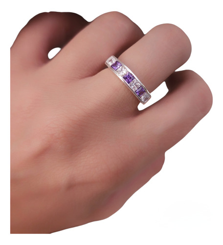 Anillo Plata 925 Con Forma De Onda Piedras Violeta Cubic