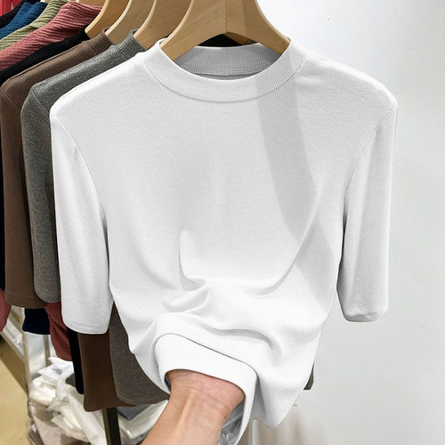 Camiseta De Algodón De Media Manga Con Cuello Acanalado Para