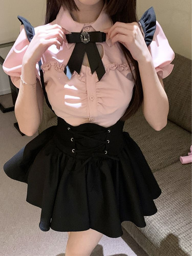 Vestido Correa Uniforme Corbata De Moño Camisa Falda Plisada