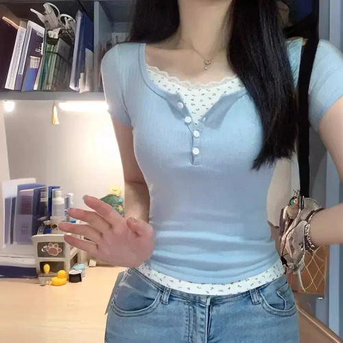 Camiseta Falsa De Dos Piezas Con Ribete De Encaje Para Mujer
