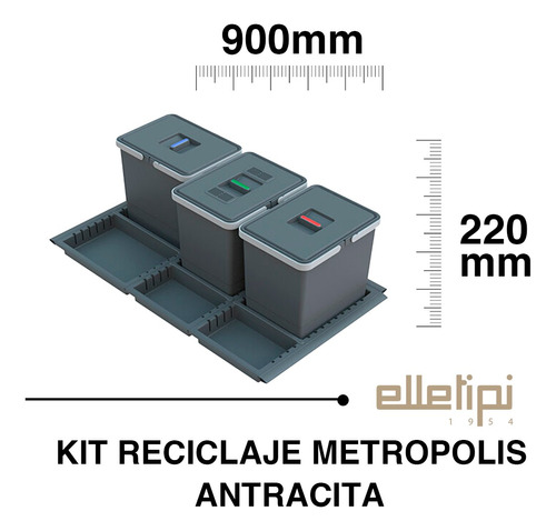 Kit De Reciclaje Metropolis, 90cm, Tres Cubos 12 Litros