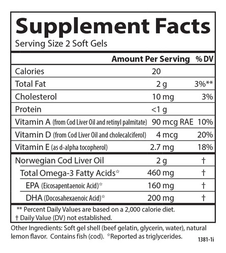 Suplemento Carlson Cod Liver Oil Gems 150 Cápsulas Gelatinas