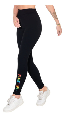 Calça Legging Preta Letreiro Colorido Planet Girls Original 