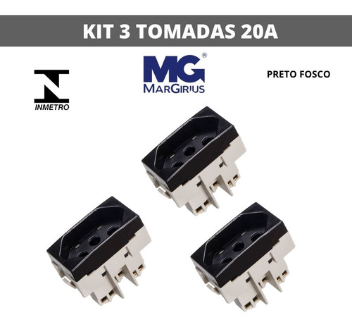 Kit 3 Módulos Tomada 20a Clean Ebony Preto Fosco Margirius