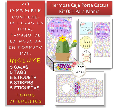 Imagen 4 de 4 de Kit N001 Imprimible Caja Portamacetas Dia De La Madre Cactus