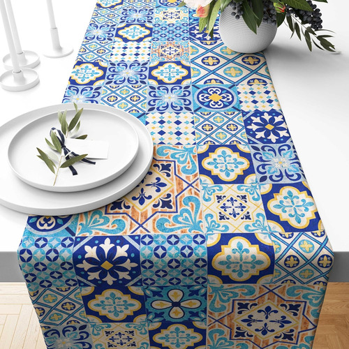 Camino De Mesa Estampado Azulejos Azules 33 X 183 Cm