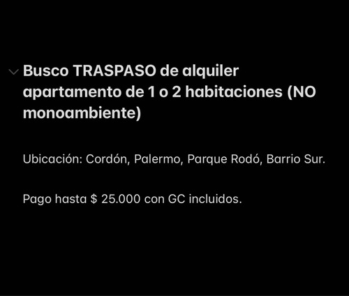 Busco Traspaso De Alquiler, Apto 1d, Hasta $25.000 + Gc Incl