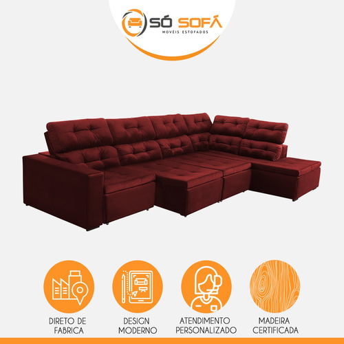 Sofá Chaise D Retrátil 373x220 Retrátil Suede Vermelho Bordô
