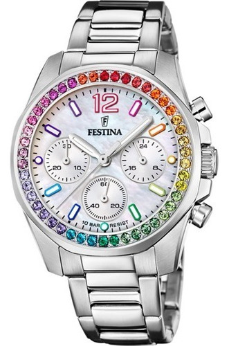 Reloj Festina F20606.2 Para Mujer Cronografo Cuarzo Color de la malla Plateado Color del bisel Multicolor Color del fondo Nácar