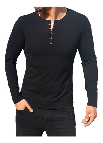 Polera Slimfit Hombre Manga Larga Algodón Henley V