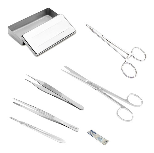 Kit Dissecção C/ 7 Itens Pinça, Estojo, Tesoura Cabo Bisturi