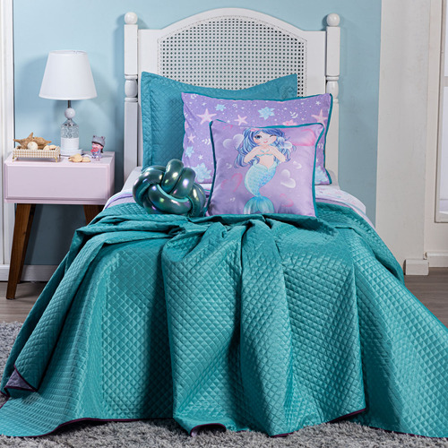Kit Cama Cobreleito Sereia Tiffany Com Almofadas Casal 7 Pçs