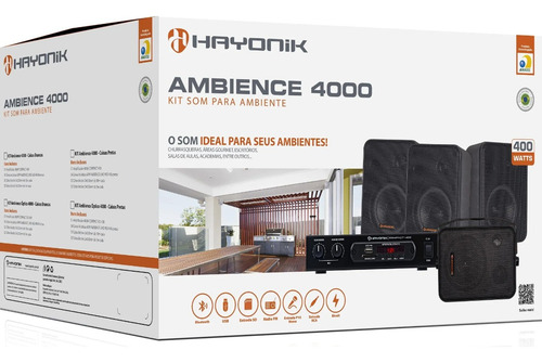 Kit Som Ambiente 400w Ambience 4000 V2 Amplificado +4 Caixas Cor Preto