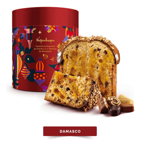 Panetone Especial 95 Anos Gotas E Damasco Kopenhagen 1.530kg Sabor gotas de chocolate e damasco com bombons tradition